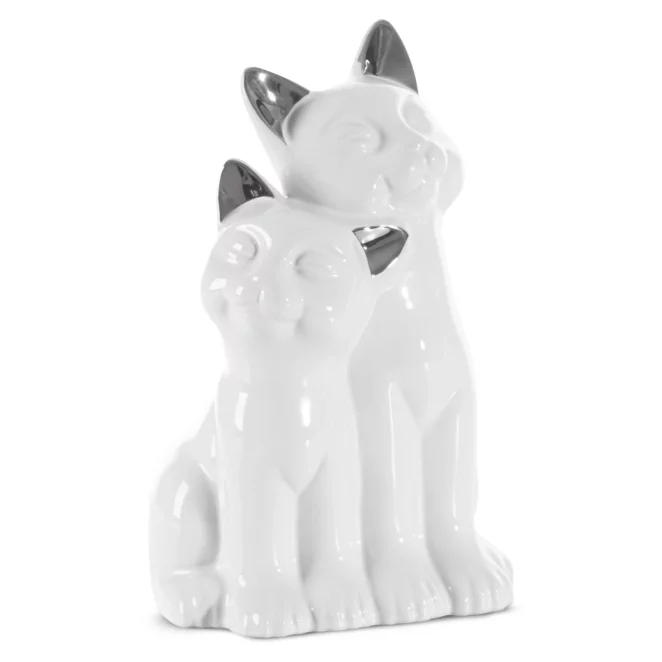 Figurka ceramiczna biało-srebrna kot 14x12x22 cm