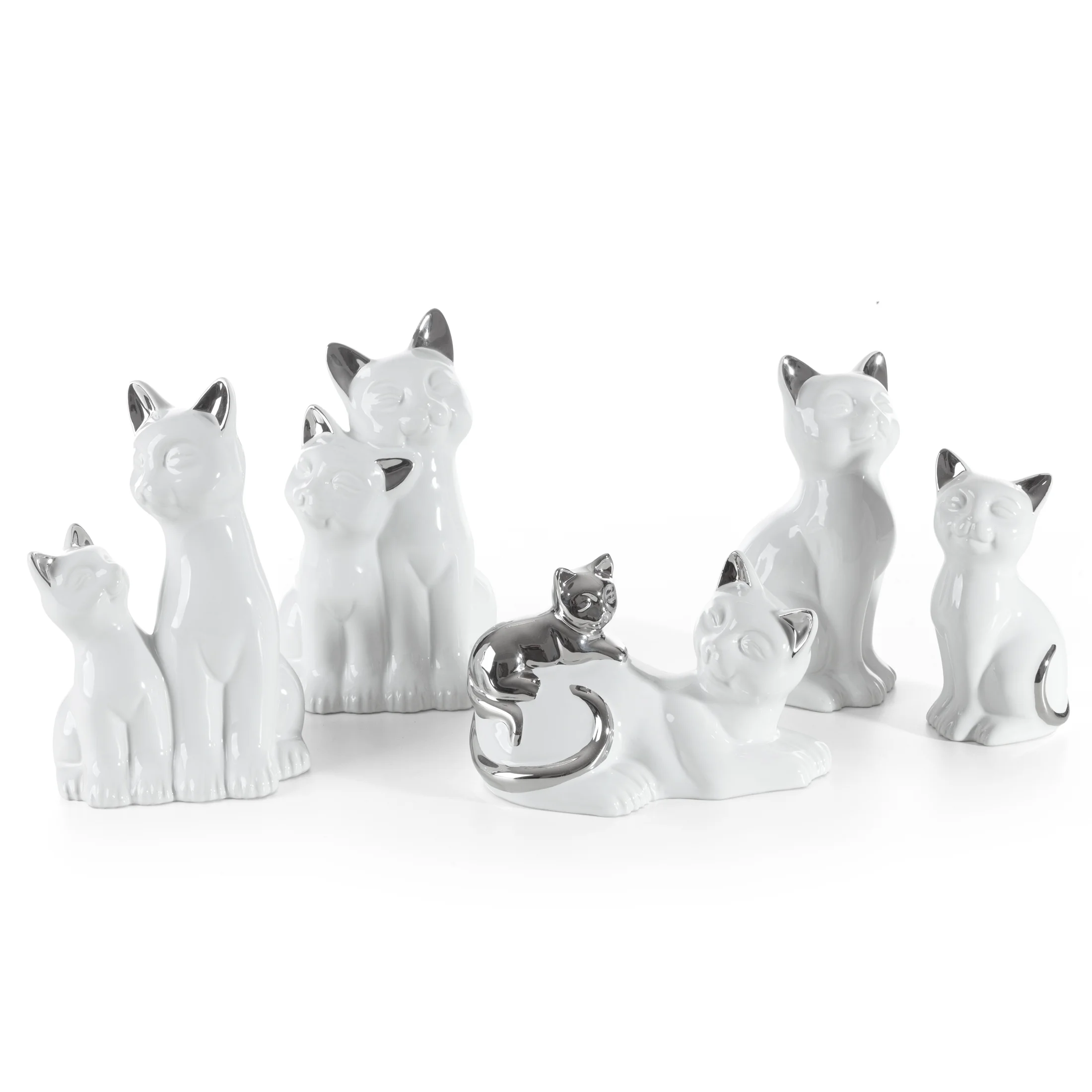 Figurka ceramiczna biało-srebrna kot 14x12x22 cm
