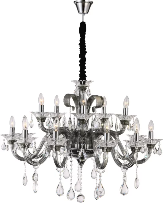 Lampa wisząca do salonu srebrno, transparentna piętnastoramienny żyrandol z kryształami 95 x 70 cm GLITTER