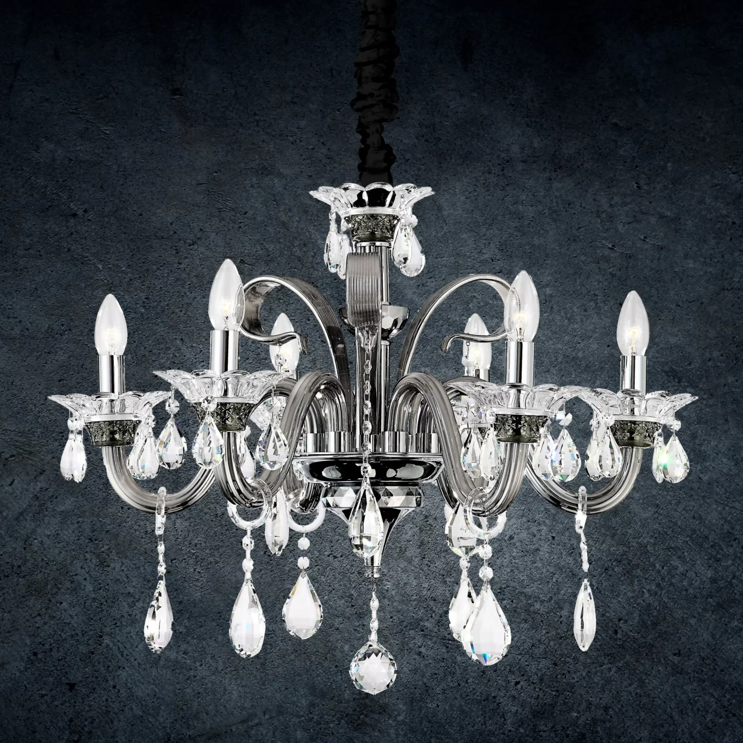 Lampa wisząca do salonu srebrna  sześcioramienny żyrandol z kryształami 70 x 52 cm GLITTER