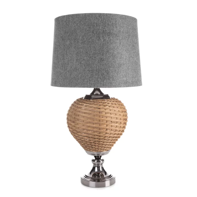 Lampa stołowa do pokoju stalowo, beżowa  w stylu boho z plecioną podstawą i matowym abażurem 38 x 78 cm PATI