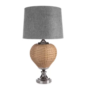Lampa stołowa do pokoju stalowo, beżowa w stylu boho z plecioną podstawą i matowym abażurem 38 x 78 cm PATI