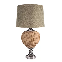 Lampa stołowa do pokoju beżowa  w stylu boho z plecioną podstawą i matowym abażurem 38 x 78 cm PATI