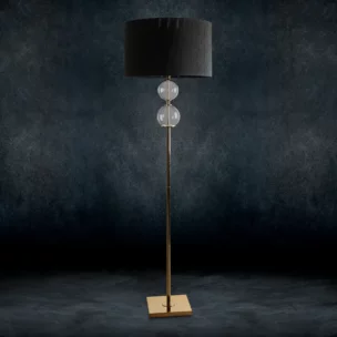 Lampa stojąca do pokoju czarno, złota na podstawie łączącej szkło metal i abażur z matowej nici 50 x 167 cm ARIANA