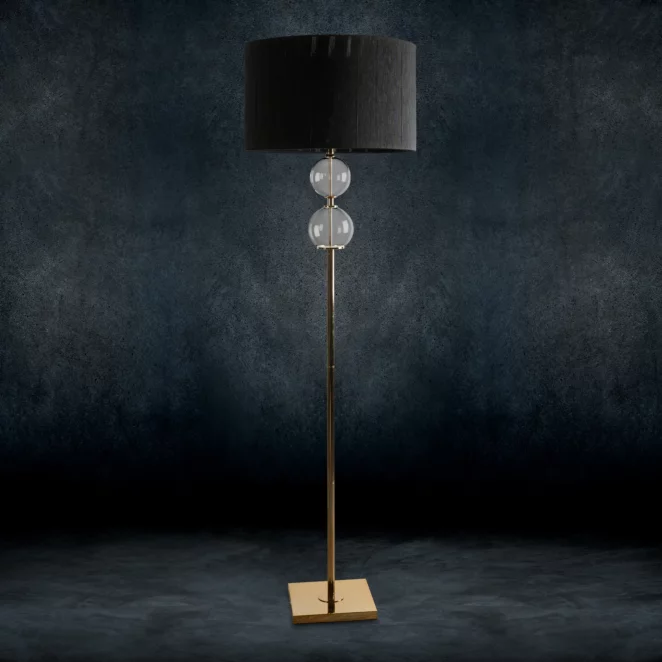 Lampa stojąca do pokoju czarno, złota na podstawie łączącej szkło metal i abażur z matowej nici 50 x 167 cm ARIANA