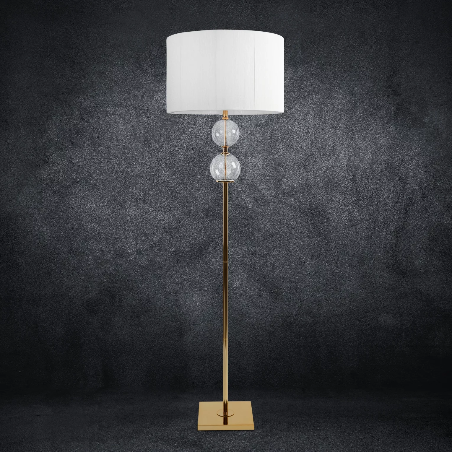 Lampa stojąca do pokoju biało, złota  na podstawie łączącej szkło metal i abażur z matowej nici 50 x 167 cm ARIANA