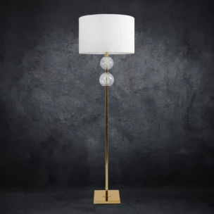 Lampa stojąca do pokoju biało, złota na podstawie łączącej szkło metal i abażur z matowej nici 50 x 167 cm ARIANA