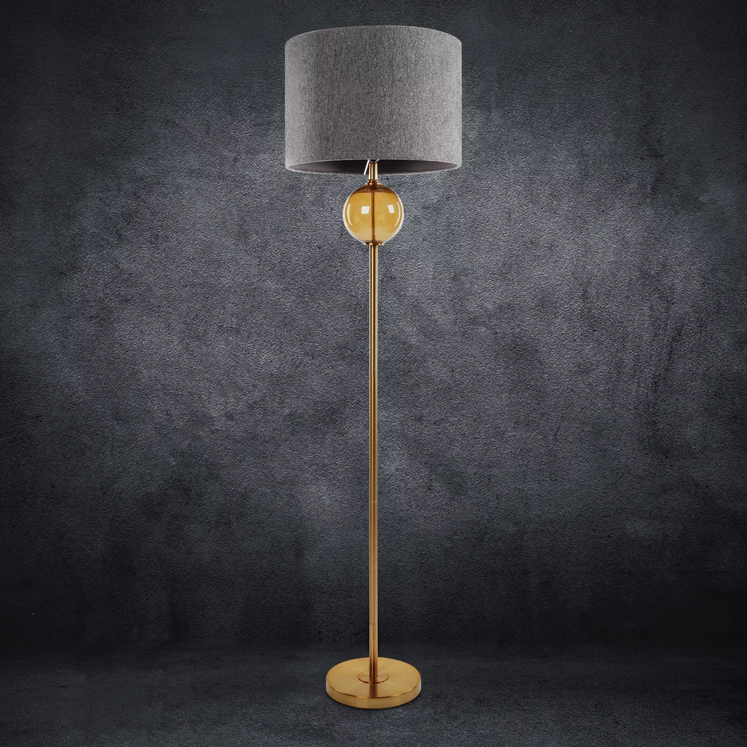 Lampa stojąca do pokoju popielato, złota LEONA z matowym abażurem o widocznym splocie
