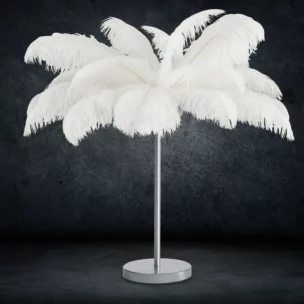 Lampa stojąca do salonu srebrno, biała na metalowej podstawie z niezwykle efektownym abażurem z naturalnych strusich piór 65 x 65 x 68 cm FERI