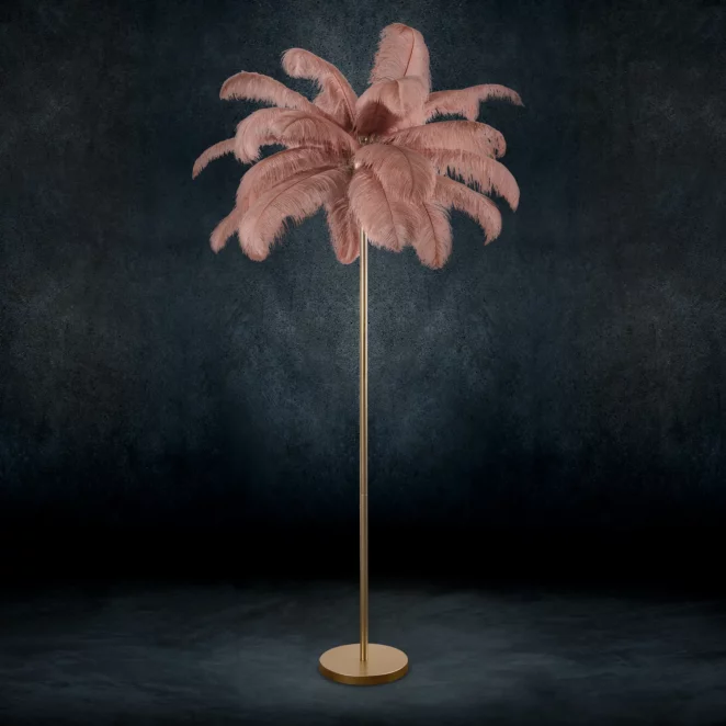 Lampa stojąca do salonu pudrowo różowo, szampańska na metalowej podstawie z efektownym abażurem z naturalnych strusich piór 95 x 95 x 180 cm FERI