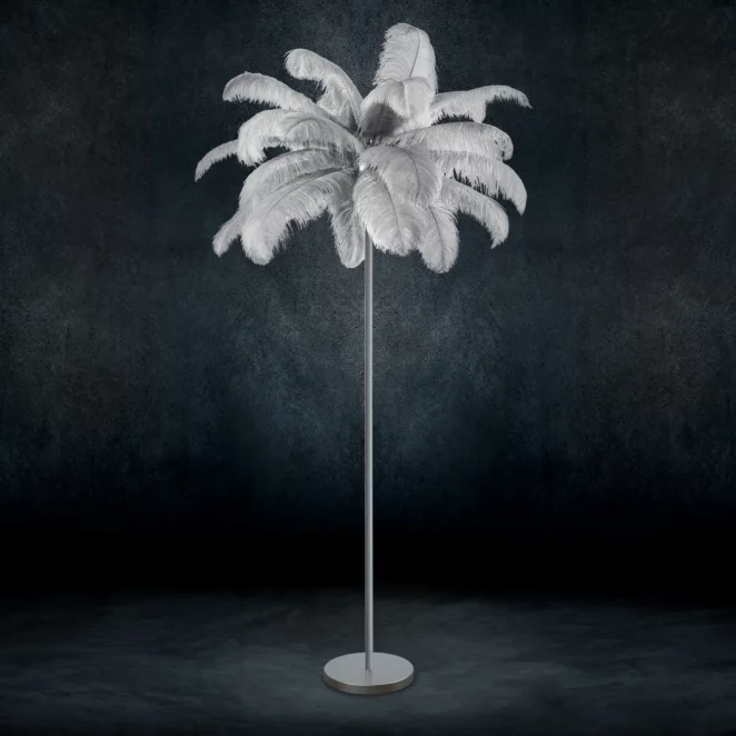 Lampa stojąca do salonu srebrna na metalowej podstawie z efektownym abażurem z naturalnych strusich piór 95 x 95 x 180 cm FERI