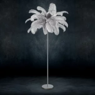 Lampa stojąca do salonu srebrna na metalowej podstawie z efektownym abażurem z naturalnych strusich piór 95 x 95 x 180 cm FERI