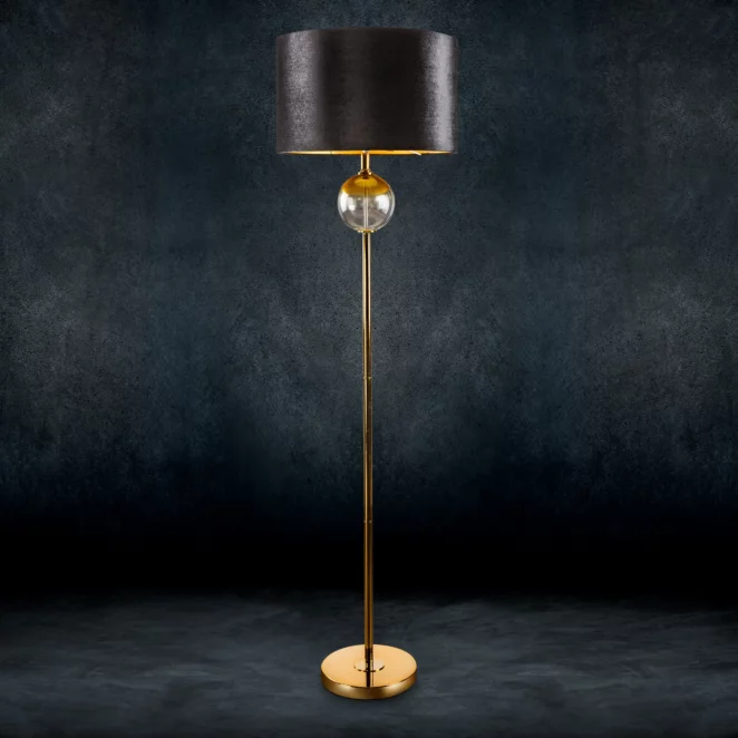 Lampa stojąca do salonu czarno, złota na podstawie łączącej szkło i metal z welwetowym abażurem 43 x 157 cm KAJA