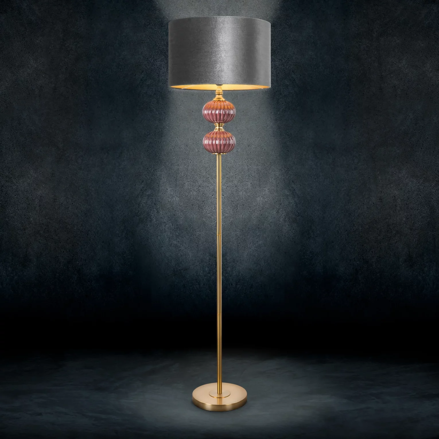 Lampa stojąca do salonu stalowo, bordowa MARITA z welwetowym abażurem
