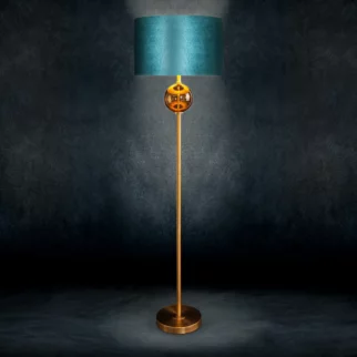 Lampa stojąca do pokoju turkusowo, złota  z podstawą łączącą szkło i metal oraz welwetowym abażurem 46 x 165 cm MUSA