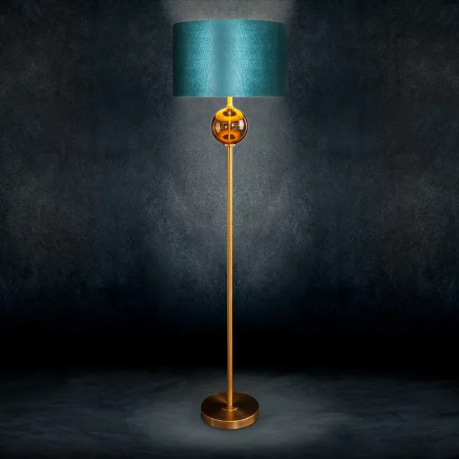 Lampa stojąca do pokoju turkusowo, złota z podstawą łączącą szkło i metal oraz welwetowym abażurem 46 x 165 cm MUSA