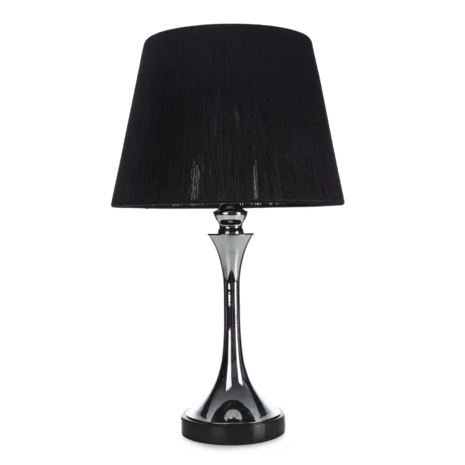 Lampa stołowa do salonu czarno, srebrna z ozdobną metalową podstawą i abażurem z matowej nici 26 x 60 cm ALINA
