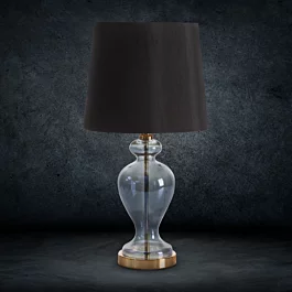 Lampa stołowa do pokoju czarno, złota na podstawie z przezroczystego szkła z abażurem z matowej tkaniny 27x61 cm EMILIO