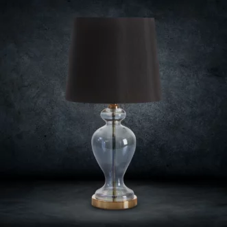 Lampa stołowa do pokoju czarno, złota na podstawie z przezroczystego szkła z abażurem z matowej tkaniny 27x61 cm EMILIO
