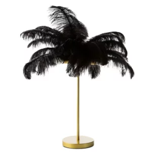 Lampa stołowa do salonu czarno, złota na metalowej podstawie z niezwykle efektownym abażurem z naturalnych strusich piór 65 x 65 x 68 cm FERI