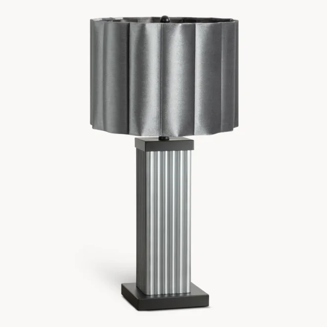 Lampa stołowa grafitowa z ryflowaną szklaną podstawą i abażurem z tkaniny welwetowej średnica 38x72 cm - ASTRID