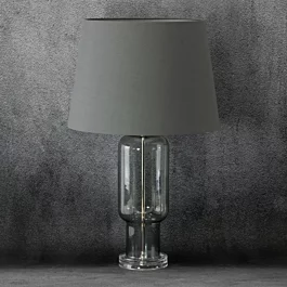 Lampa stołowa do kuchni popielata  podstawa z przezroczystego szkła z abażurem z matowej tkaniny 32 x 66 cm LILA