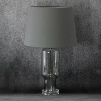 Lampa stołowa do kuchni popielata podstawa z przezroczystego szkła z abażurem z matowej tkaniny 32 x 66 cm LILA