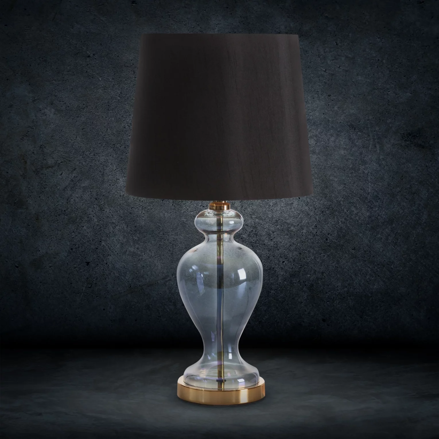 Lampa stołowa nocna czarno, złota na podstawie z przezroczystego szkła z abażurem z matowej tkaniny 21x48 cm EMILIO