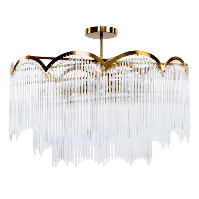 Lampa wisząca do salonu biało, złota zdobiona subtelnymi szklanymi sopelkami 80 x 60 cm SALMA