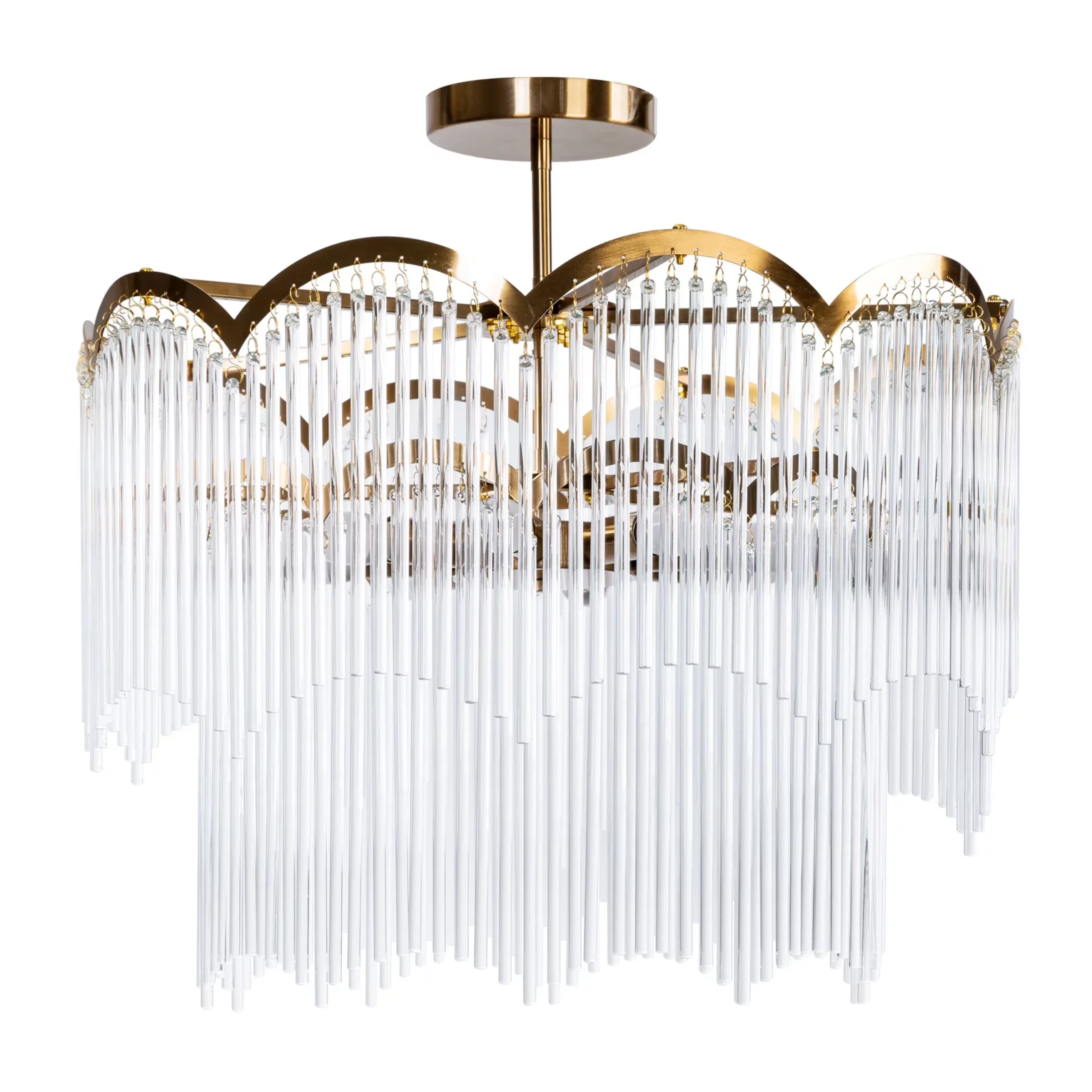 Lampa wisząca do salonu biało, złota zdobiona zwisającymi szklanymi sopelkami 60 x 55 cm SALMA