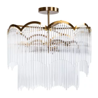 Lampa wisząca do salonu biało, złota zdobiona zwisającymi szklanymi sopelkami 60 x 55 cm SALMA