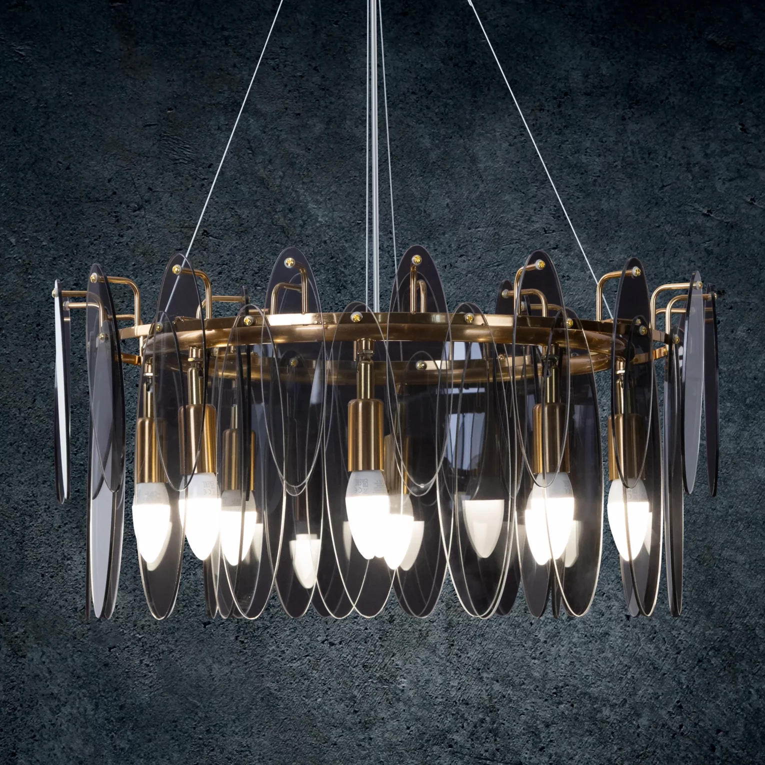 Lampa wisząca do salonu transparentno, grafitowa ze szklanymi zawieszkami z dymionego szkła, z regulacją wysokości 60 x150 cm MARLA
