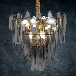 Lampa wisząca do salonu transparentno, złota ze szklanymi zawieszkami z dymionego szkła, z regulacją wysokości 60 x 150 cm MARLA