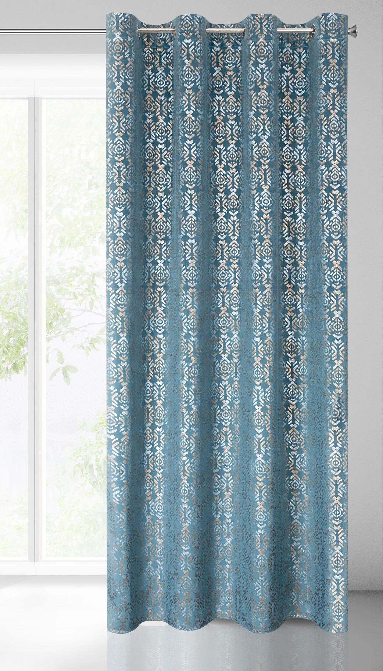 Zasłona niebiesko, złota ze złotym wzorem z welwetu 140x250 cm przelotka - LAURA
