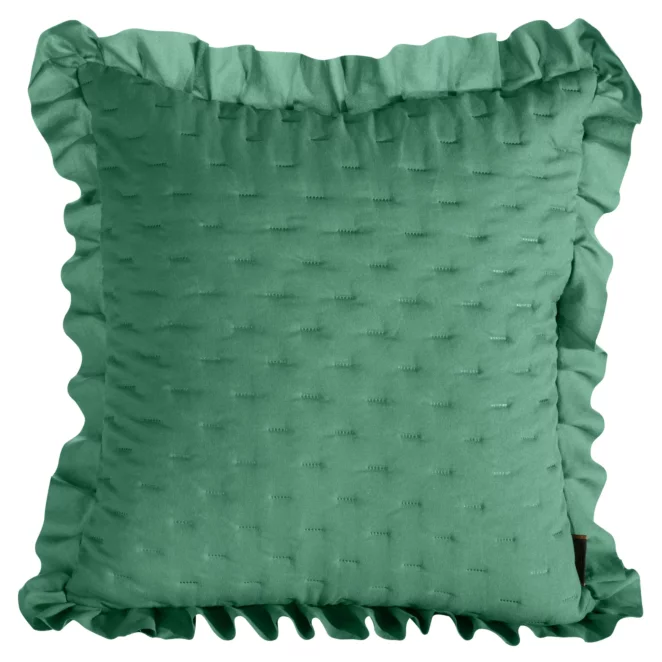 Poszewka na poduszkę 45x45 cm zielona z falbaną z matowej tkaniny pikowana w drobny wzorek techniką hot press