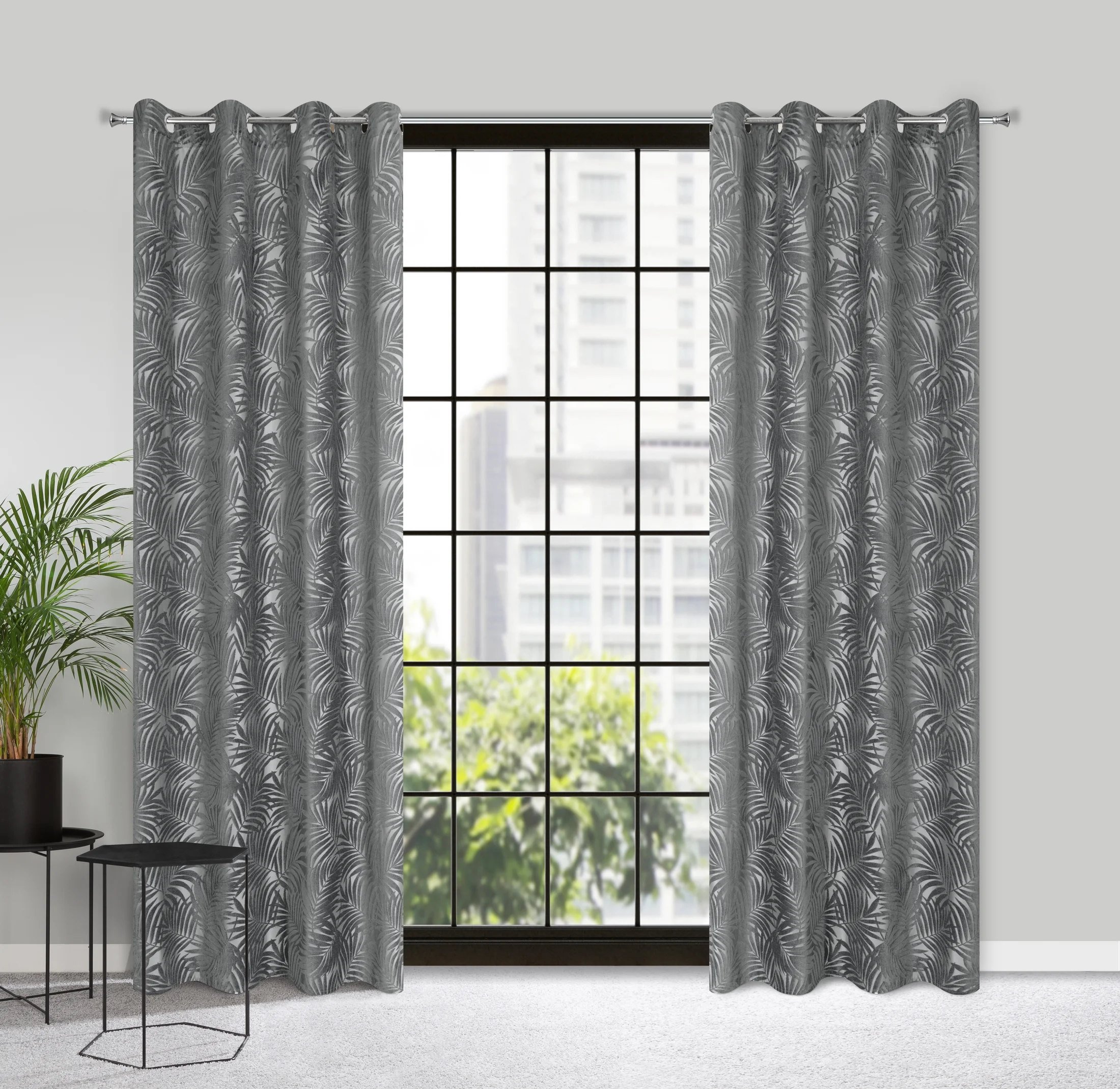 Zasłona welwetowa stalowa z trójwymiarowym wzorem liści 140x250 cm przelotka - LIVIA
