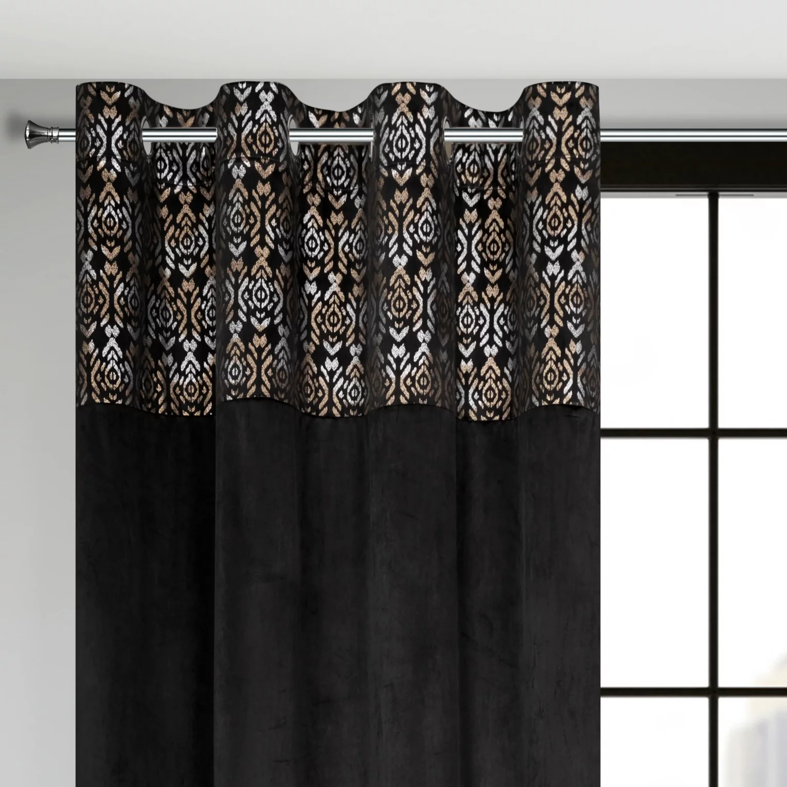 Zasłona czarno, złota z dekoracyjnym pasem z welwetu 140x250 cm przelotka - LIZA
