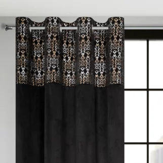 Zasłona czarno, złota z dekoracyjnym pasem z welwetu 140x250 cm przelotka - LIZA