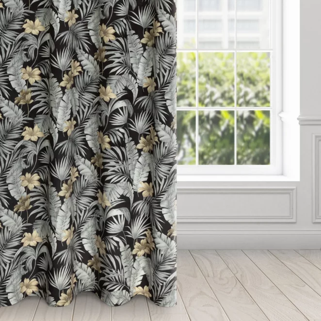 Zasłona czarno, stalowa zdobiona wzorem botanicznym z welwetu 140x250 cm przelotka - LOREN