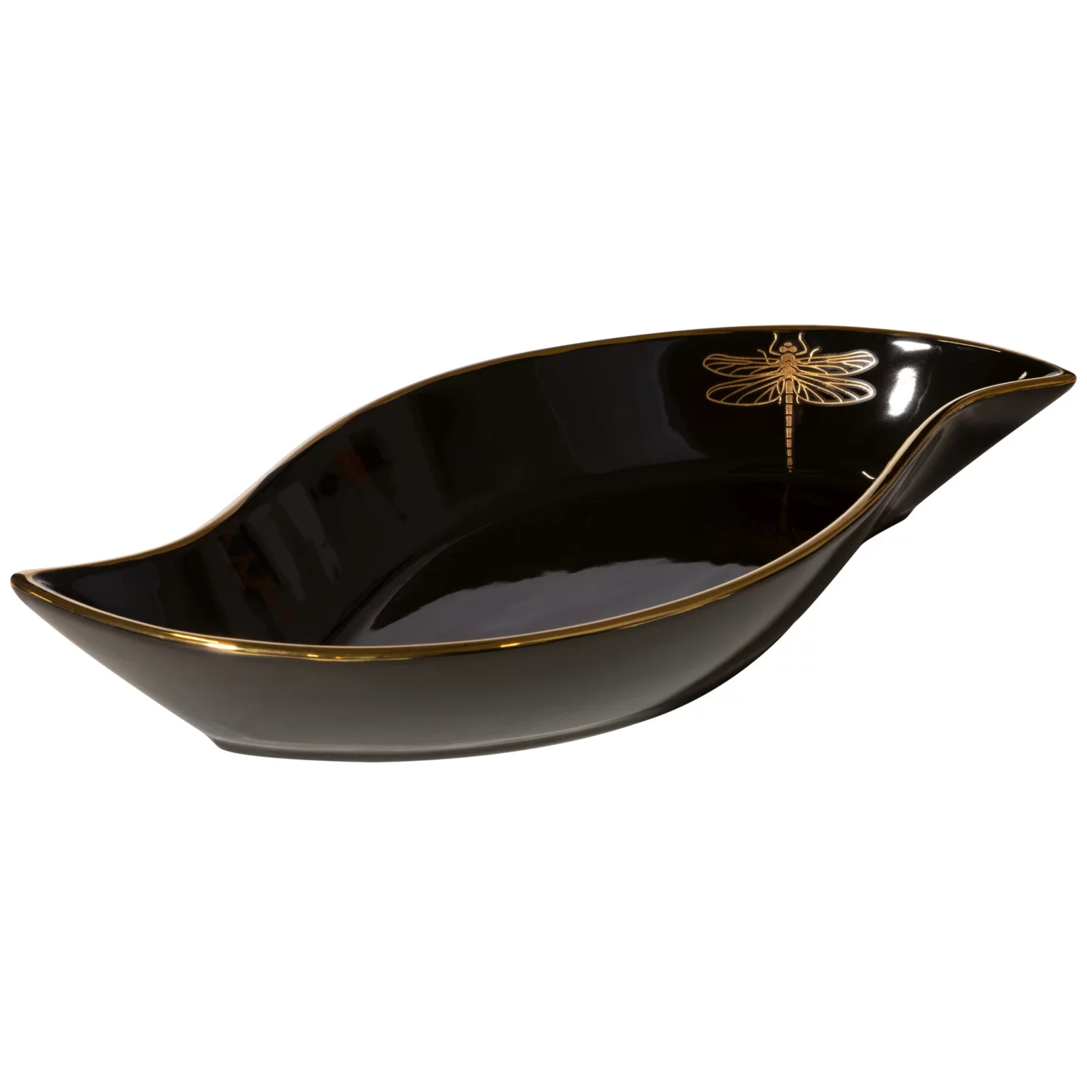 Patera ceramiczna dekoracyjna czarno-złota z nadrukiem złotej ważki 36x18x5 cm