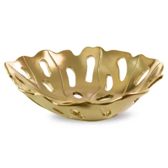 Patera ceramiczna dekoracyjna czarno-złota w kształcie liścia monstery 37x30x10 cm MIRA