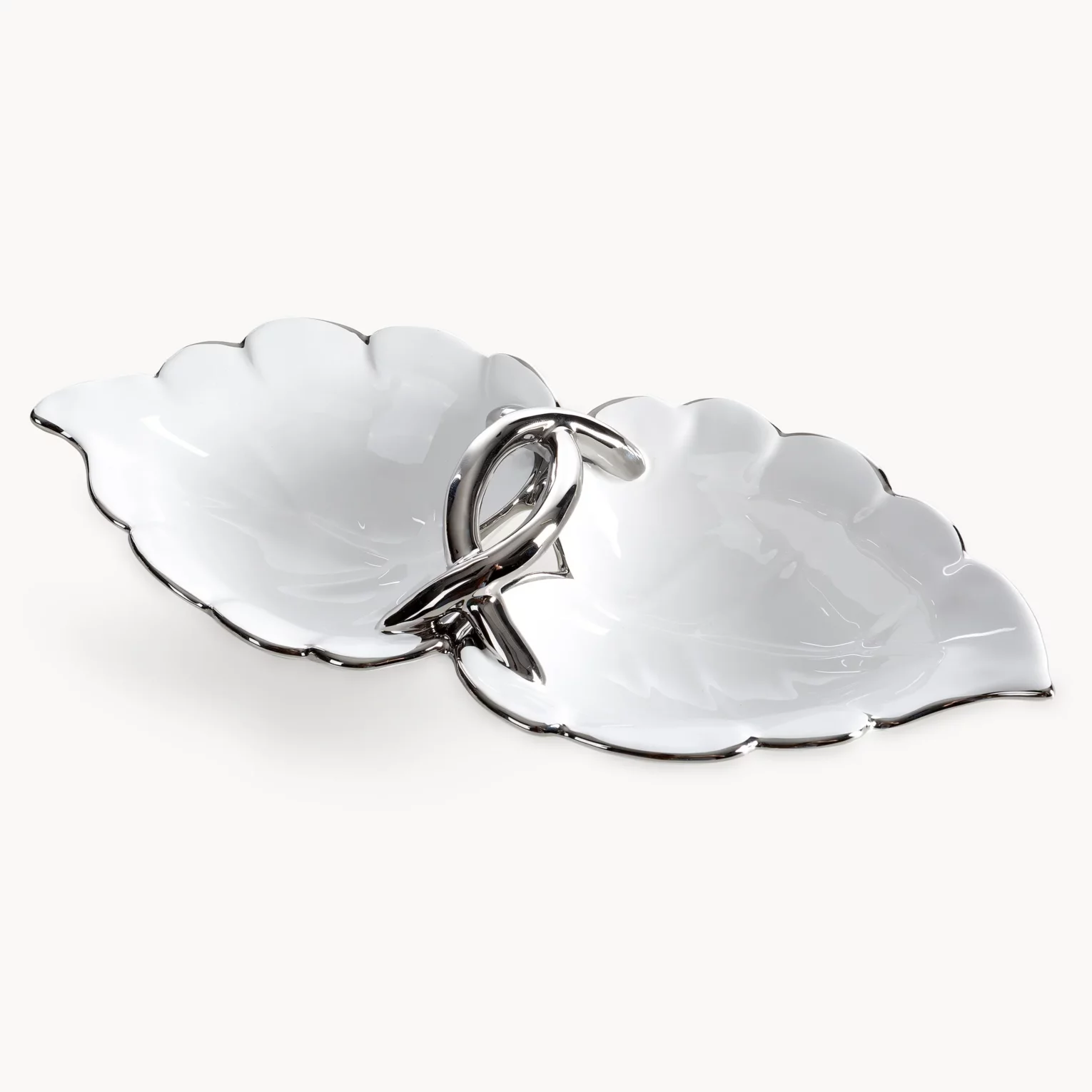 Misa dekoracyjna biało, srebrna w kształcie liścia 35x16x8 cm DONA