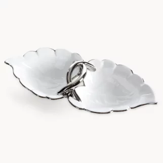 Misa dekoracyjna biało, srebrna w kształcie liścia 35x16x8 cm DONA