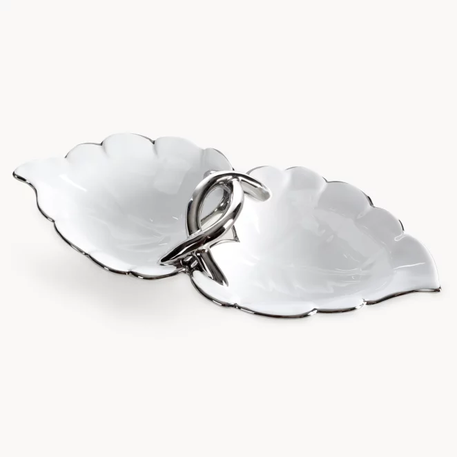 Misa dekoracyjna biało, srebrna w kształcie liścia 35x16x8 cm DONA