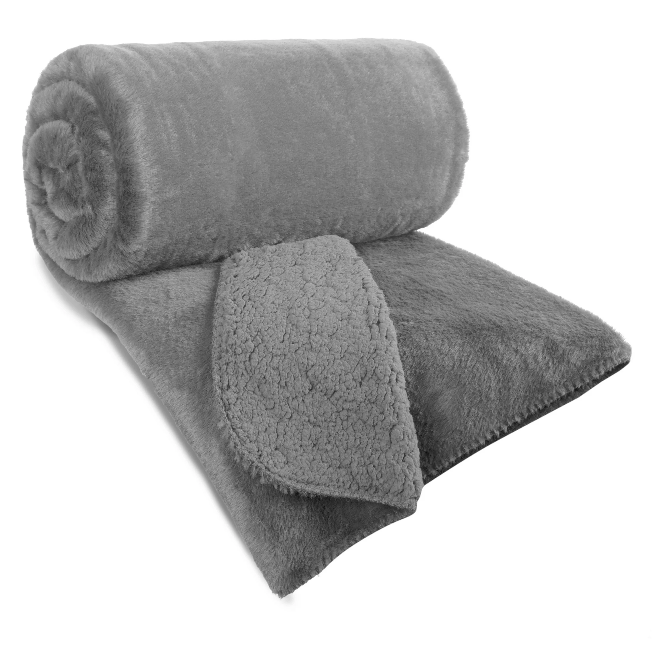 Narzuta dwustronna z przyjemnego futerka i tkaniny barankowej srebrna 170x210 cm NINA Eurofirany Premium