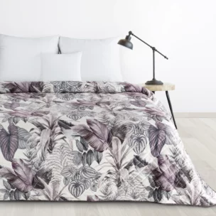 Narzuta fioletowo, szara 200x220 cm pikowana metodą hot press z nadrukiem egzotycznych liści DAVOS Design 91