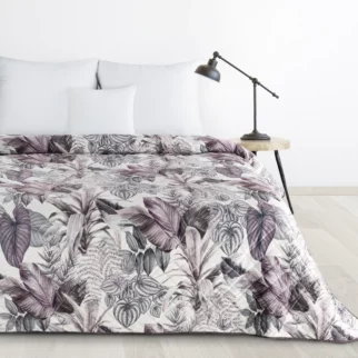 Narzuta fioletowo, szara 200x220 cm pikowana metodą hot press z nadrukiem egzotycznych liści DAVOS Design 91