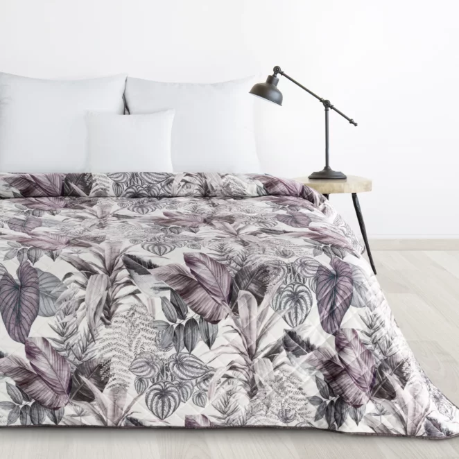 Narzuta fioletowo, szara 200x220 cm pikowana metodą hot press z nadrukiem egzotycznych liści DAVOS Design 91