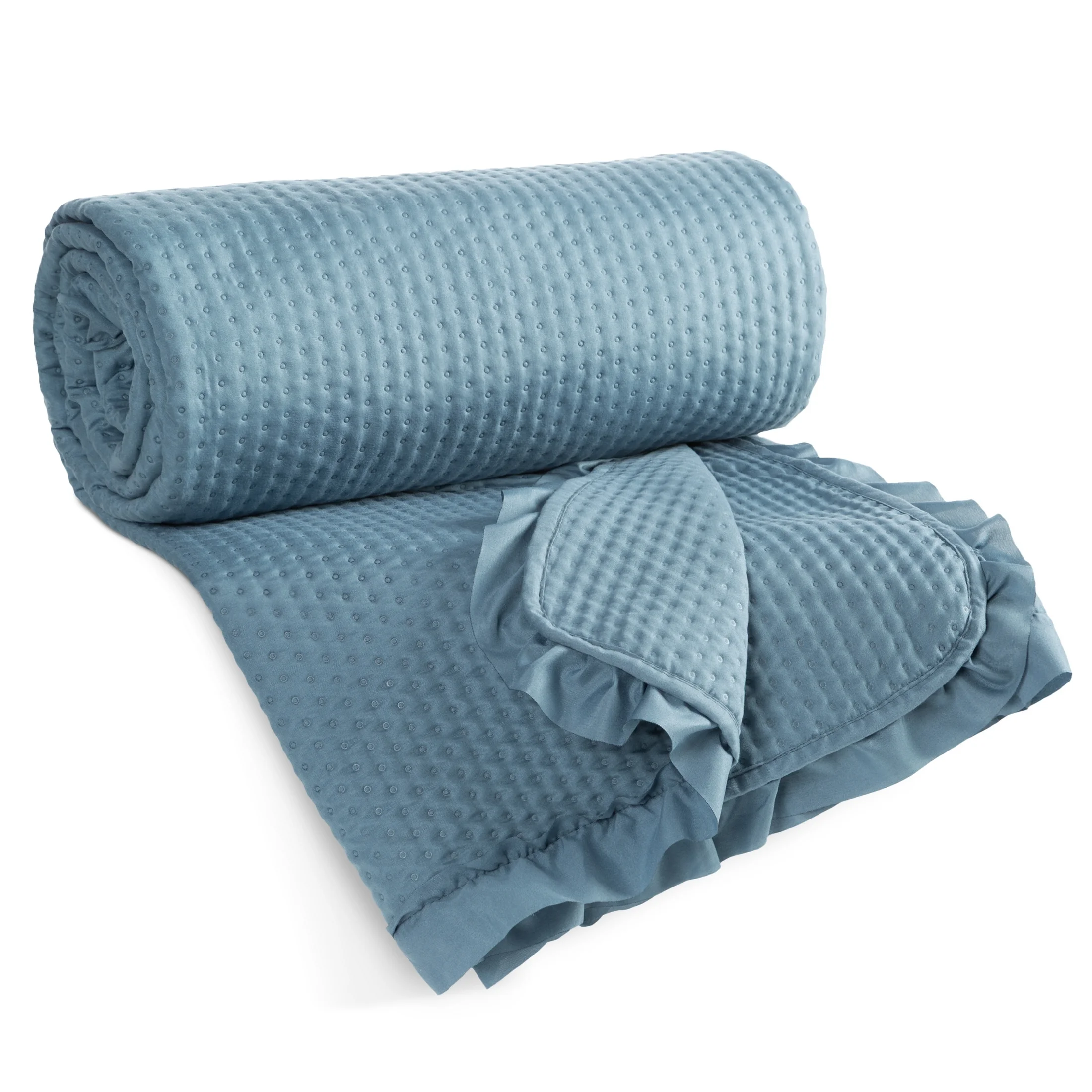 Narzuta granatowa pikowana metodą hot press z ozdobną falbanką 240x220 cm FALBANKA Design 91