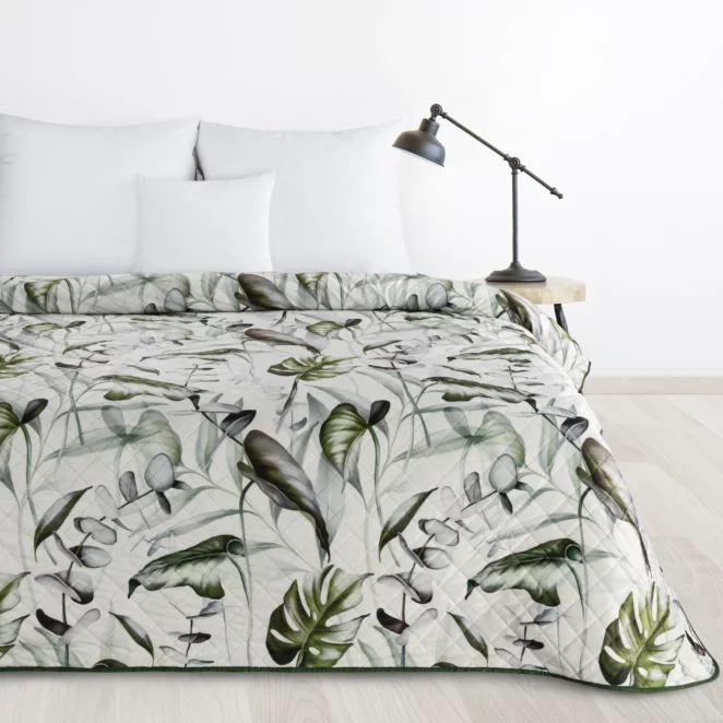Narzuta welwetowa biało, oliwkowa 170x210 cm pikowana metodą hot press z nadrukiem liści monstery ELLEN Design 91